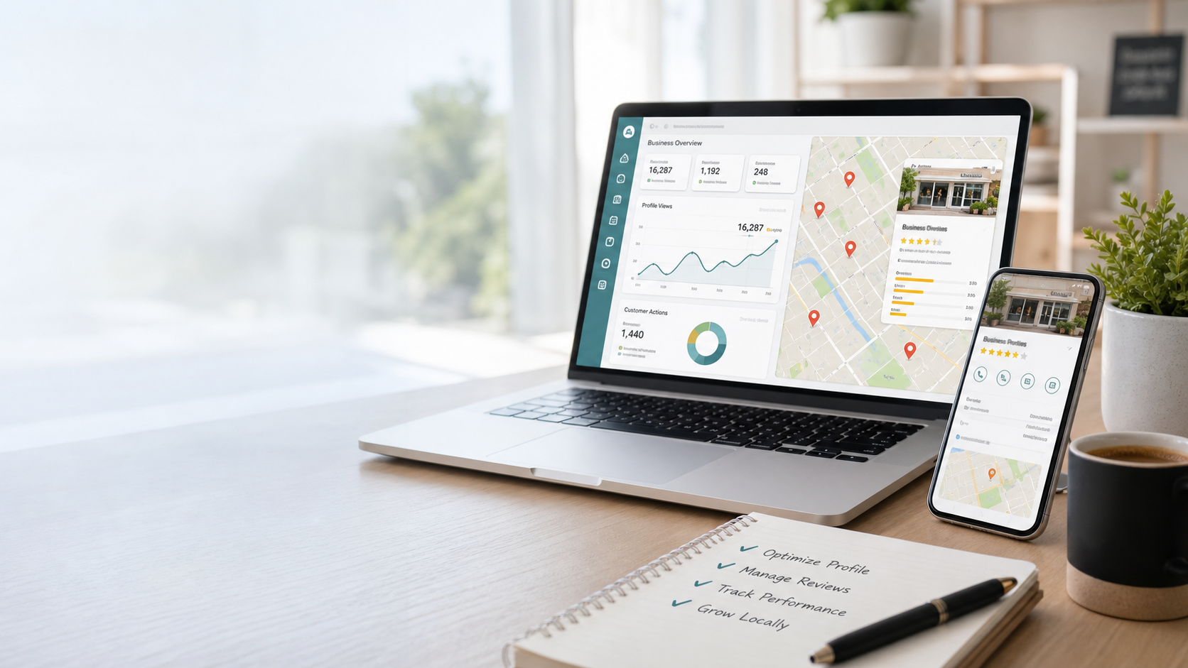 Local business dashboard with map listings and review analytics on a laptop